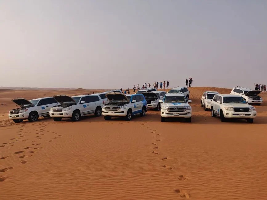 A group of SUVs parked in a desert with travelers on a dune exploring the surroundings.
